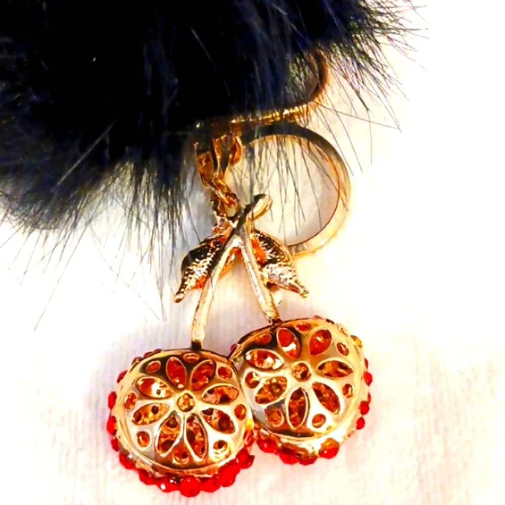 Crystal Cherries Bag Charm Key Chain Red w Black Faux Mink‎ Black Pom